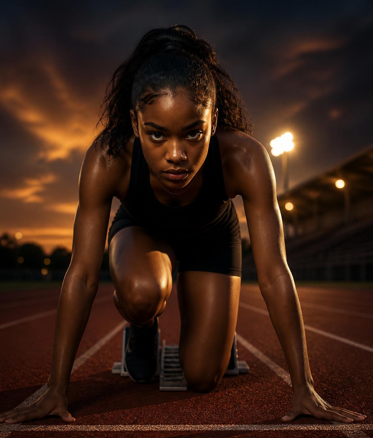 African American female high school track athlete set in the starting blocks