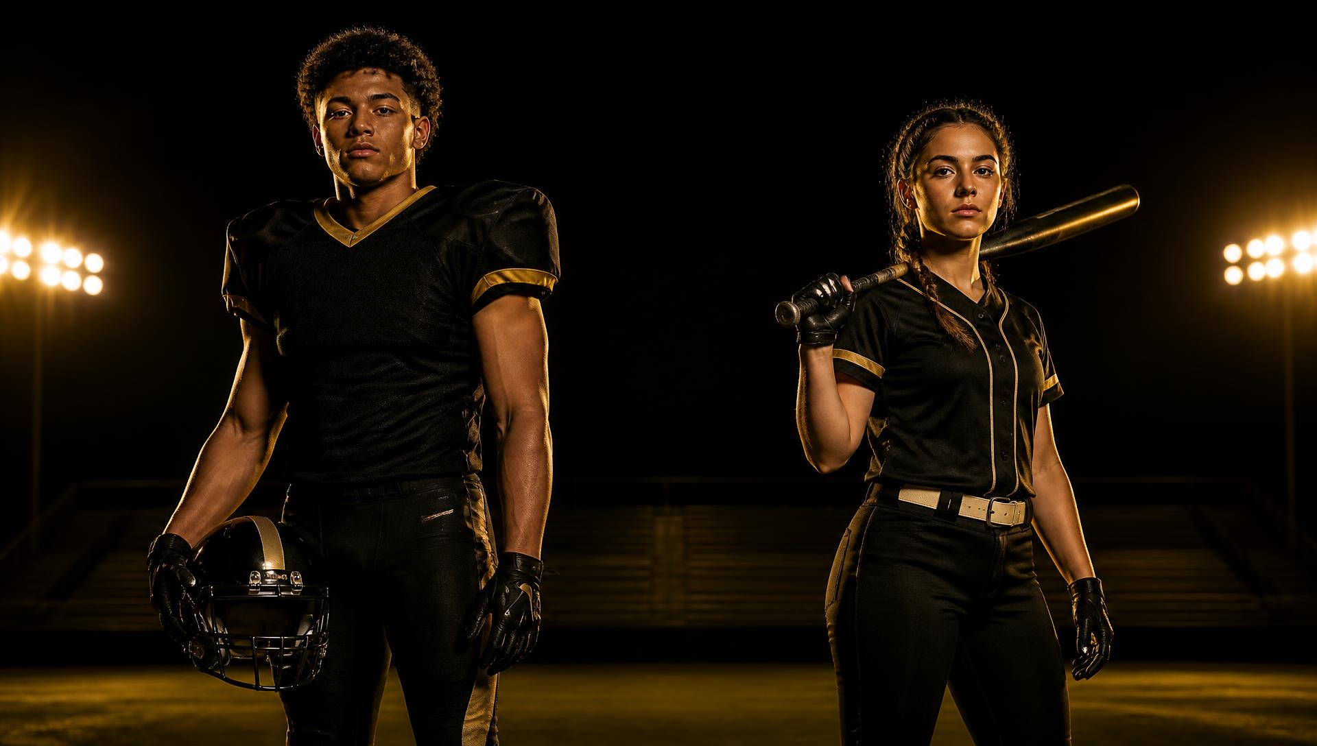 A biracial male high school football player and a female high school softball player standing apart under stadium lights, each equally prominent