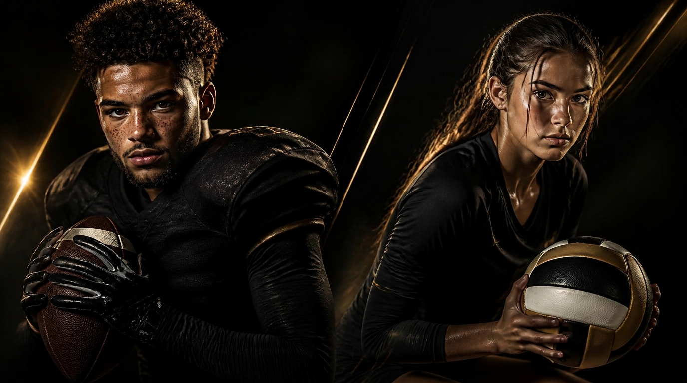 A biracial male high school football player and a female high school softball player standing apart under stadium lights, each equally prominent