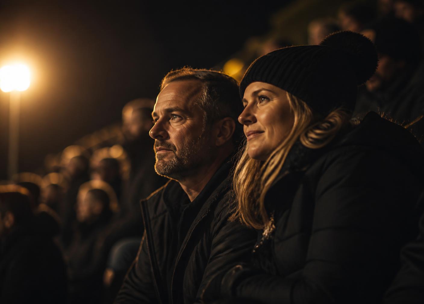Parents watching their child compete under stadium lights